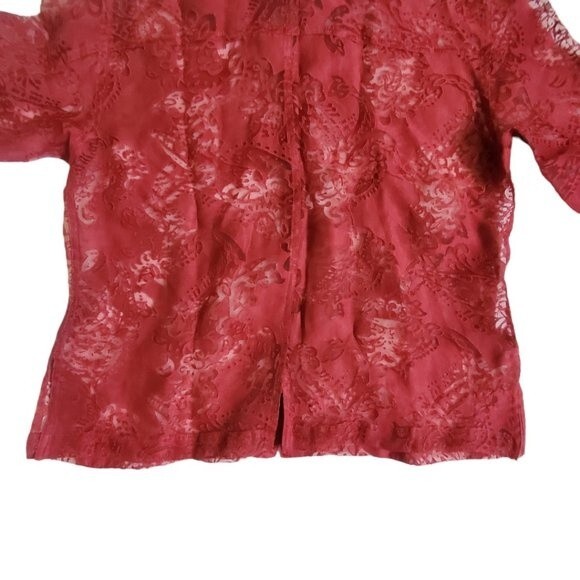 Mirasol Red Floral 3/4 Sleeve Semi-Sheer Button-Up Top Sz M - Picture 6 of 14